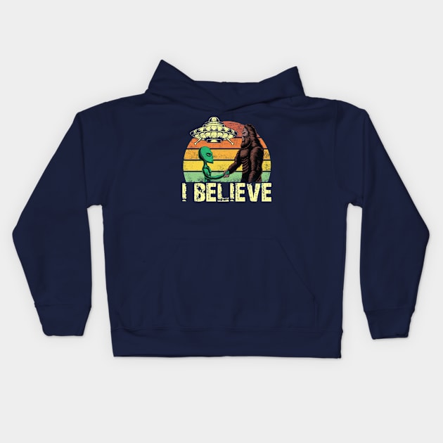 I Believe Bigfoot and Alien Believer Retro Vintage Distressed Style Kids Hoodie by missalona